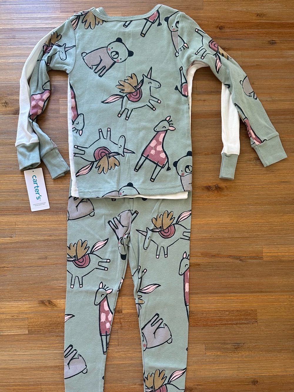 Carter's Sage Green Unicorn & Giraffe Pajama Set with Pink Accents
